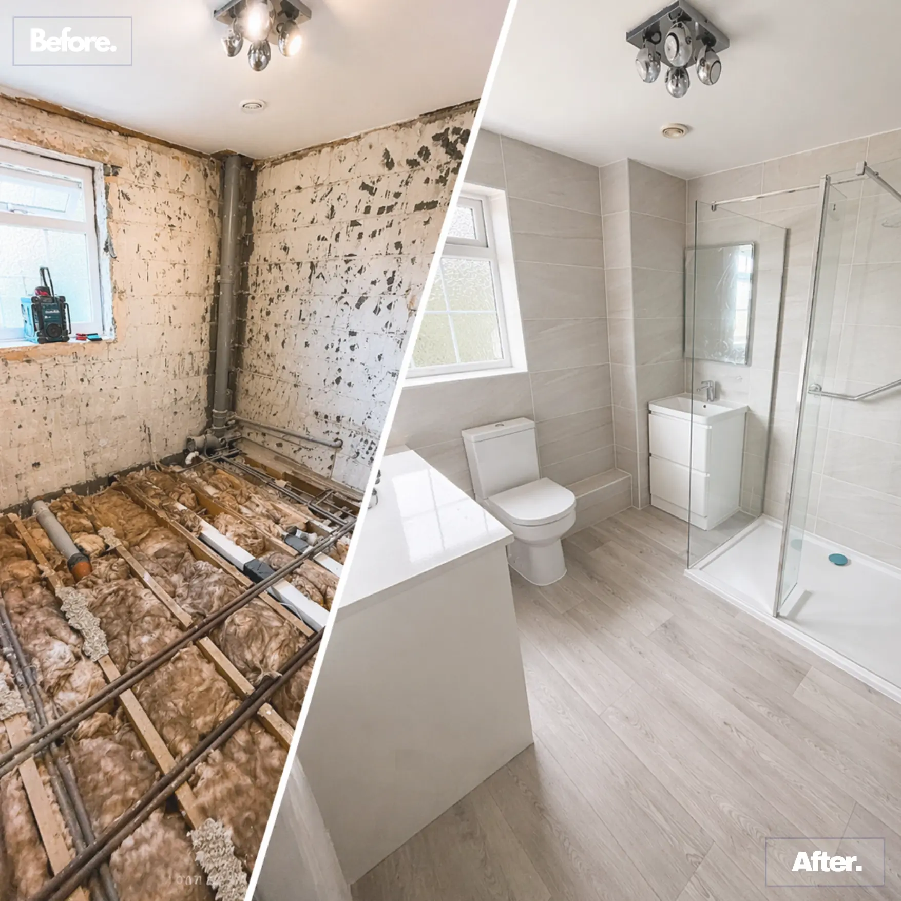 Before and after of a bathroom refurbishment in Stafford, stripped back joists to finished shower room